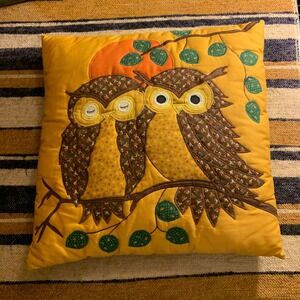 VTG 70s Handmade Vintage Twin Owls Quilted Pillow Yellow Boho Farmhouse Bird